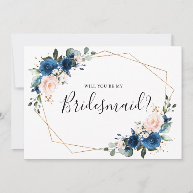 Navy Blue Blush Floral Will You Be My Bridesmaid Invitation (Front)
