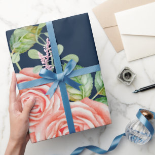 Navy Blue Blush Floral Wrapping Paper