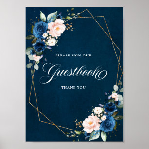 Navy Blue Blush Geometric Sign Guestbook Poster