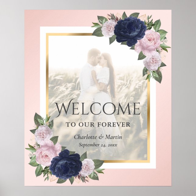 Navy Blue Blush Gold Floral Wedding Welcome Sign (Front)