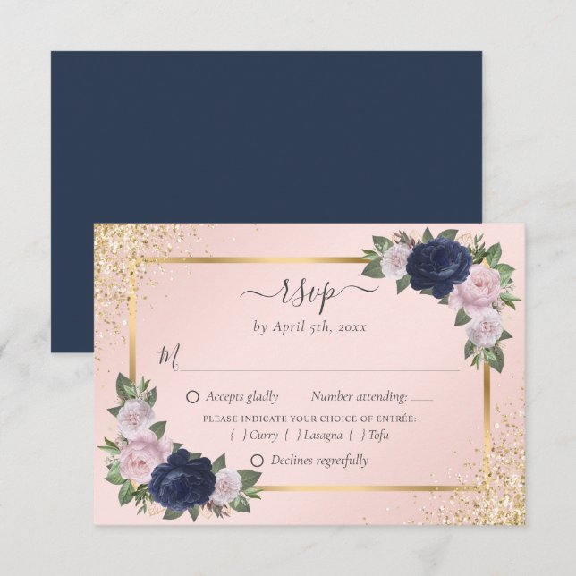 Navy Blue Blush Gold Wedding RSVP Meal Choice Card (Front/Back)