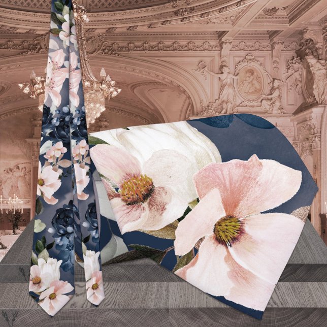 Navy Blue & Blush Peonies & Lilies Wedding  Tie (Creator Uploaded)