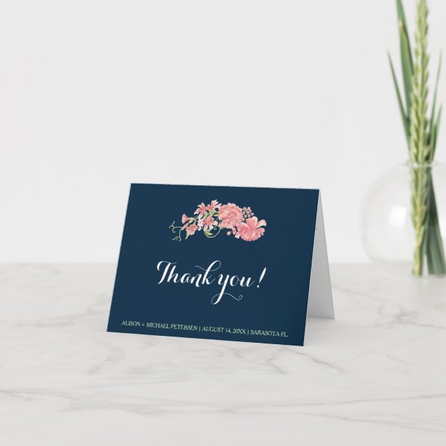 Navy blue blush peonies wedding editable thank you (Front)