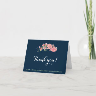 Navy blue blush peonies wedding editable thank you card
