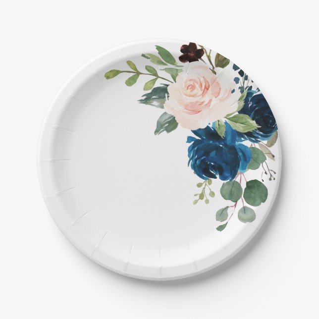 Navy Blue Blush Pink Botanical Wedding Paper Plate (Front)