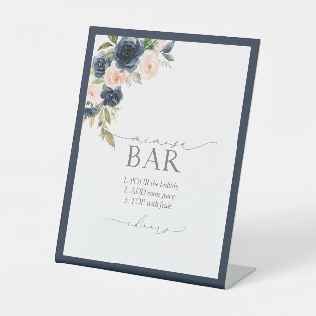 Navy Blue Blush Pink Bridal Shower Mimosa Bar Pedestal Sign (Front)