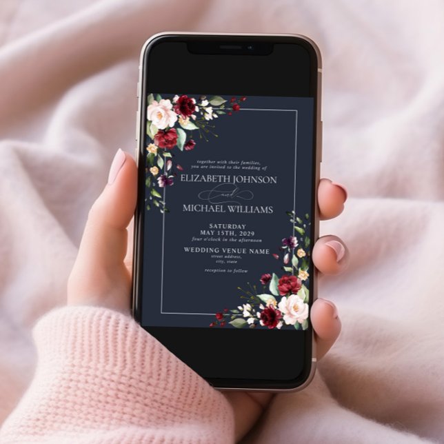 Navy Blue Blush Pink Burgundy Red Floral Wedding Invitation (Creator Uploaded)
