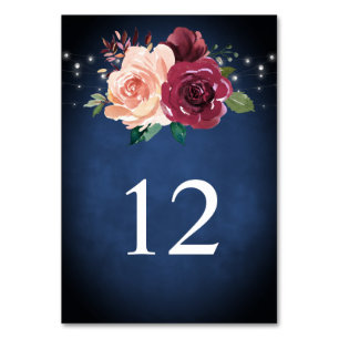Navy Blue Blush Pink Burgundy Rose Lights Wedding Table Number
