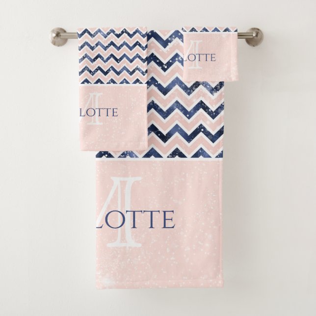 Navy Blue Blush Pink Chevron Glitter Name Initial Bath Towel Set (Insitu)