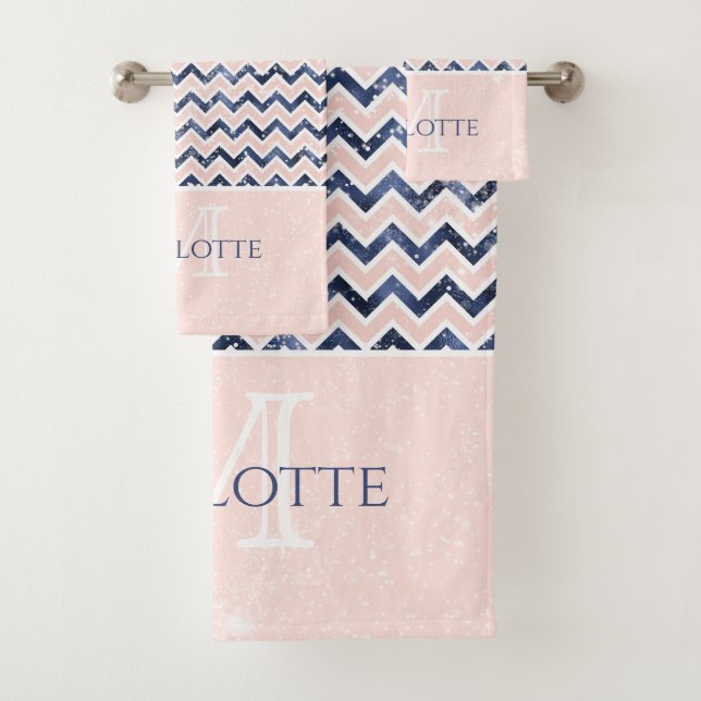 Navy Blue Blush Pink Chevron Nom de la Parties sci (En situation)