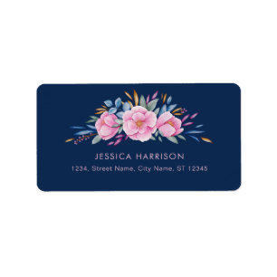 Navy Blue Blush Pink Colourful Floral Watercolor Label