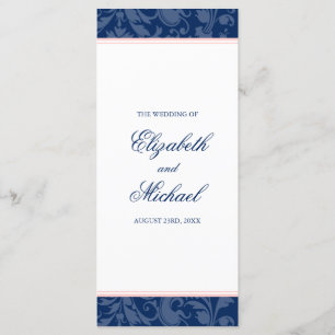 Navy Blue Blush Pink Damask Swirl Wedding Program
