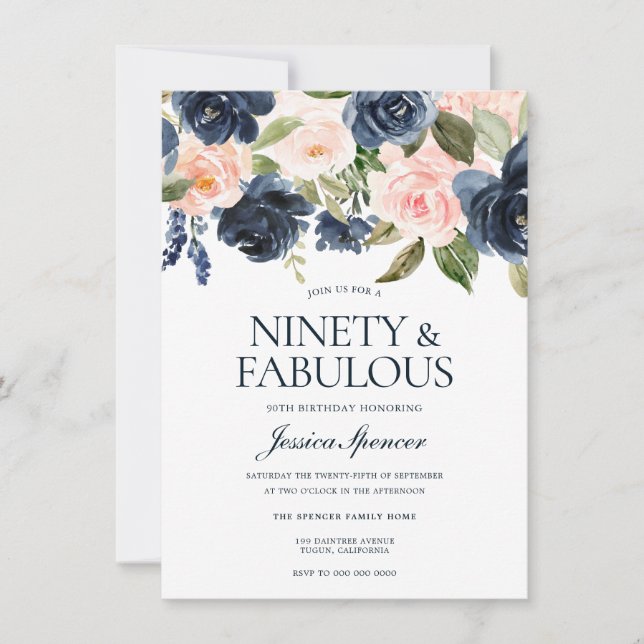 Navy Blue Blush Pink Floral 90th Birthday Party Invitation (Front)