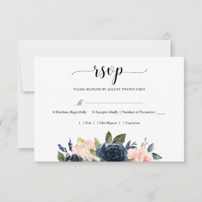 Navy Blue Blush Pink Floral Blossom Wedding RSVP (Front)