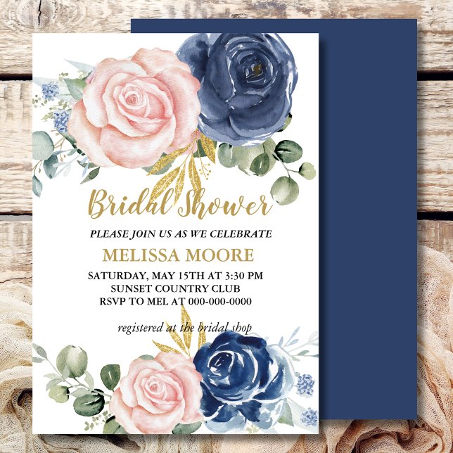 Navy Blue Blush Pink Floral Bridal Shower Invitation (Creator Uploaded)