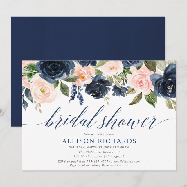 Navy blue & blush pink floral bridal shower invitation (Front/Back)