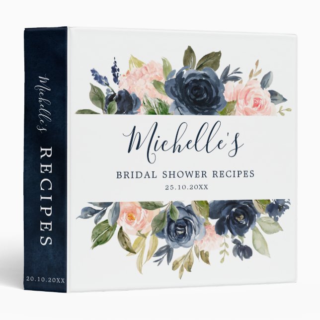 Navy Blue Blush Pink Floral Bridal Shower Recipe Binder (Front/Spine)