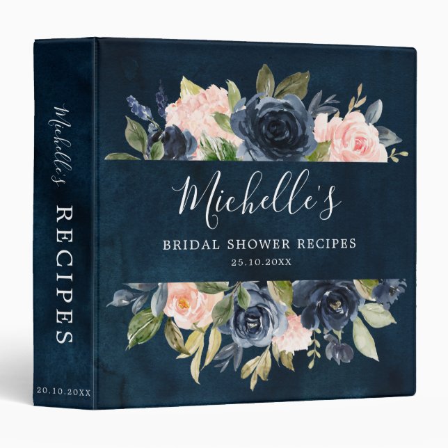 Navy Blue Blush Pink Floral Bridal Shower Recipe Binder (Front/Spine)