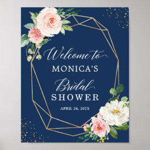 Navy Blue Blush Pink Floral Bridal Shower Sign