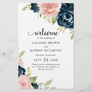 Navy Blue Blush Pink Floral Budget Wedding Program