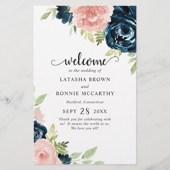 Navy Blue Blush Pink Floral Budget Wedding Program (Front)