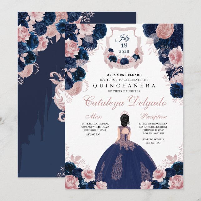 Navy Blue & Blush Pink Floral Elegant Quinceañera Invitation (Front/Back)