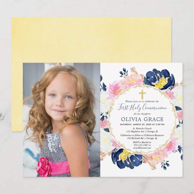 Navy blue blush pink floral first communion photo invitation (Front/Back)