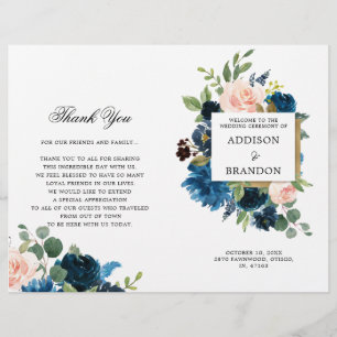 Navy Blue Blush Pink Floral Folded Wedding Program