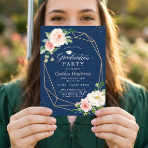 Navy Blue Blush Pink Floral Geometric Graduation Invitation