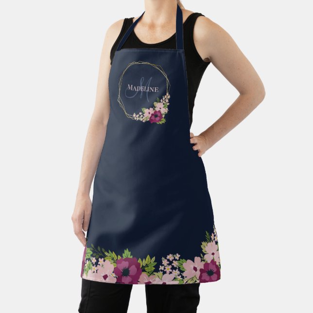 Navy Blue Blush Pink Floral Geometric Monogram Apron (Insitu)