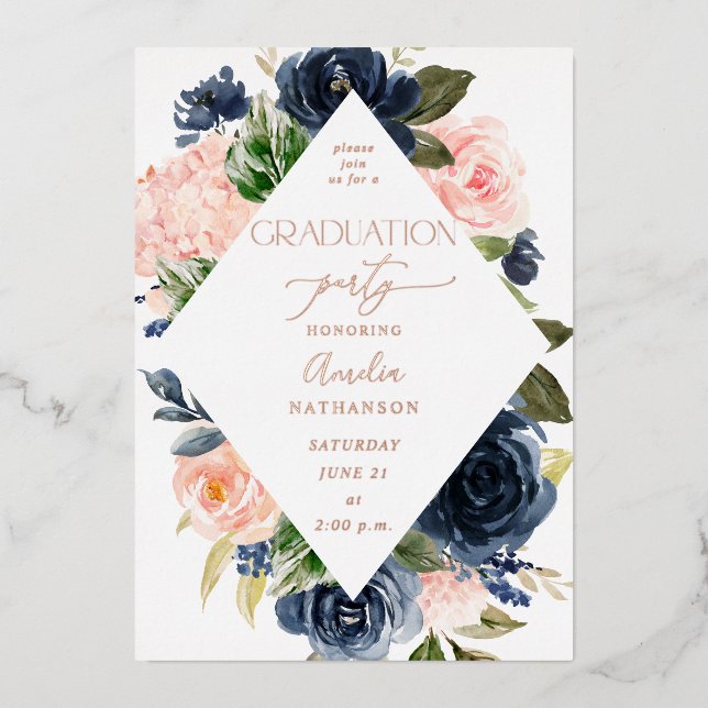 Navy Blue & Blush Pink Floral Graduation Party (Front)