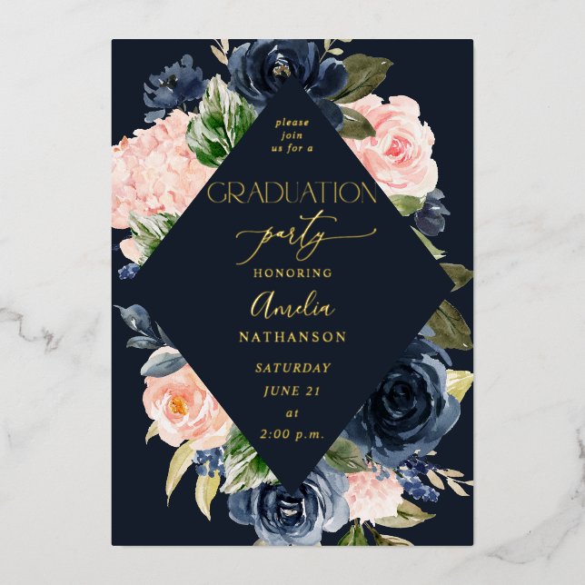 Navy Blue & Blush Pink Floral Graduation Party- BL (Front)