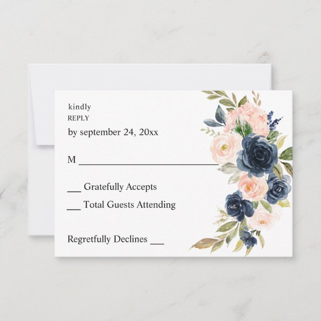 Navy Blue & Blush Pink Floral no Meal RSVP Card (Front)
