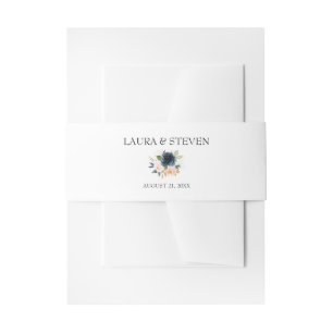 Navy Blue Blush Pink Floral Personalized Wedding Invitation Belly Band