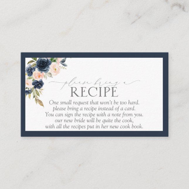 Navy Blue Blush Pink Floral Please Bring A Recipe Enclosure Card (Front)