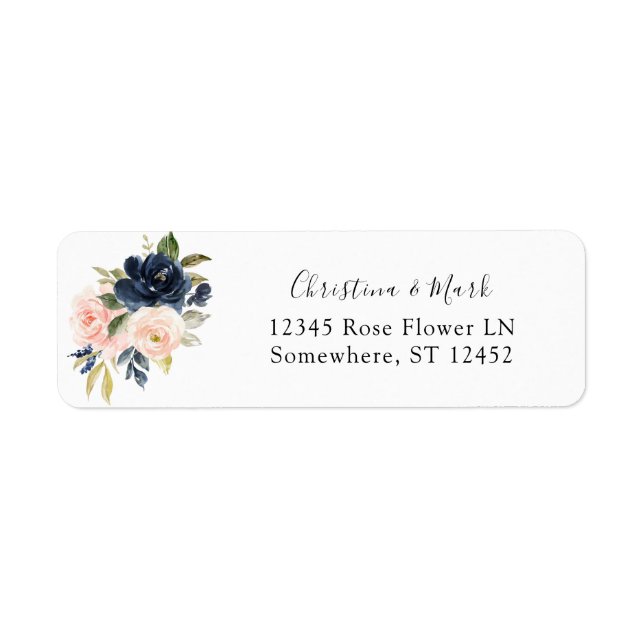 Navy Blue & Blush Pink Floral Return Address Label (Front)