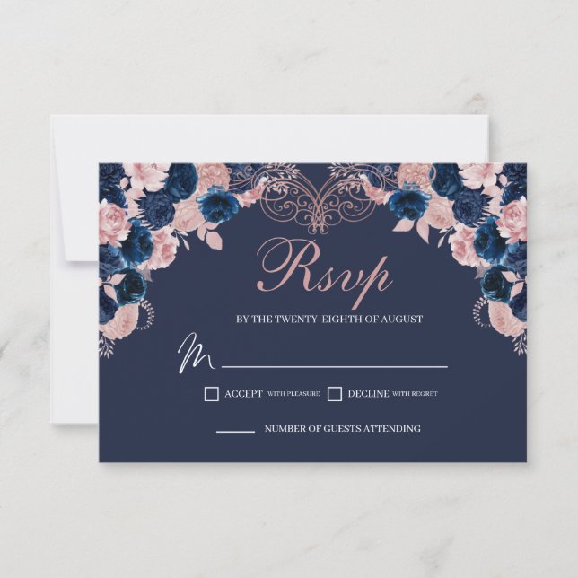 Navy Blue & Blush Pink Floral RSVP Enclosure Card (Front)