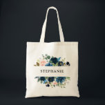 Navy Blue Blush Pink Floral Rustic Boho Tote bag<br><div class="desc">Dark navy blue floral Wedding Tote bag featuring elegant bouquet of navy blue,  royal blue ,  white ,  blush rose and sage green eucalyptus leaves. Please contact me for any help in customization or if you need any other product with this design.</div>