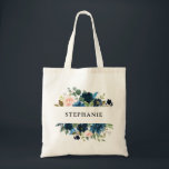 Navy Blue Blush Pink Floral Rustic Boho Tote bag<br><div class="desc">Dark navy blue floral Wedding Tote bag featuring elegant bouquet of navy blue,  royal blue ,  white ,  blush rose and sage green eucalyptus leaves. Please contact me for any help in customization or if you need any other product with this design.</div>