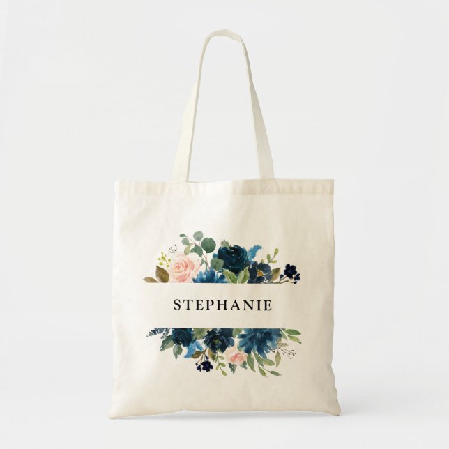 Navy Blue Blush Pink Floral Rustic Boho Tote bag (Front)