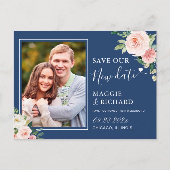 Navy Blue Blush Pink Floral Save The New Date Postcard (Front)