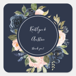 Navy Blue & Blush Pink Floral Thank You - Navy Square Sticker