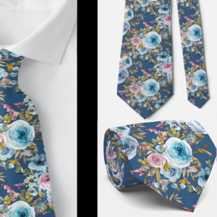 Navy Blue Blush Pink Floral Watercolor Roses Tie