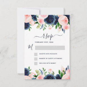 Navy Blue Blush Pink Floral Watercolor RSVP Invitation
