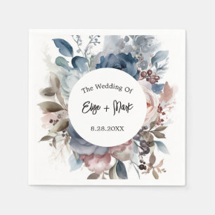 Navy Blue Blush Pink Floral Wedding Napkin
