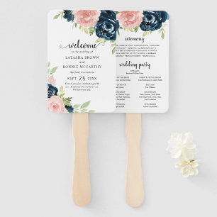 Navy Blue Blush Pink Floral Wedding Program Hand Fan