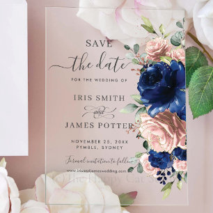 Navy Blue Blush Pink Floral Wedding Save the Date Acrylic Invitations