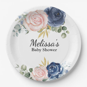 Navy blue blush pink florals custom paper plate