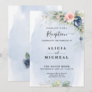 Navy Blue & Blush Pink Flower Wedding Reception Invitation