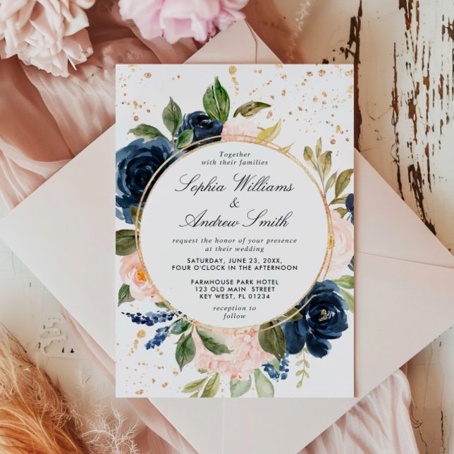 Navy Blue & Blush Pink Flowers Wreath Wedding Invitation (Creator Uploaded)